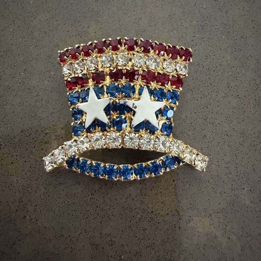 Vintage Rhinestone Uncle Sam's Hat Pin Brooch Enameled Stars Red Blue Crystal